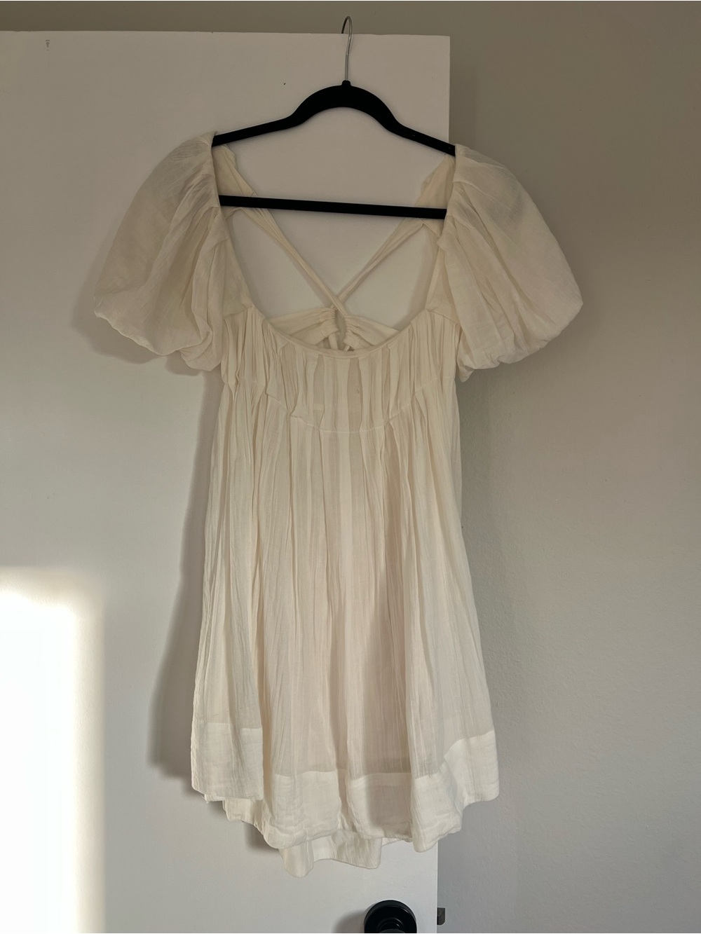 Free People Cream Puff-Sleeve Mini Dress with Crisscross Back